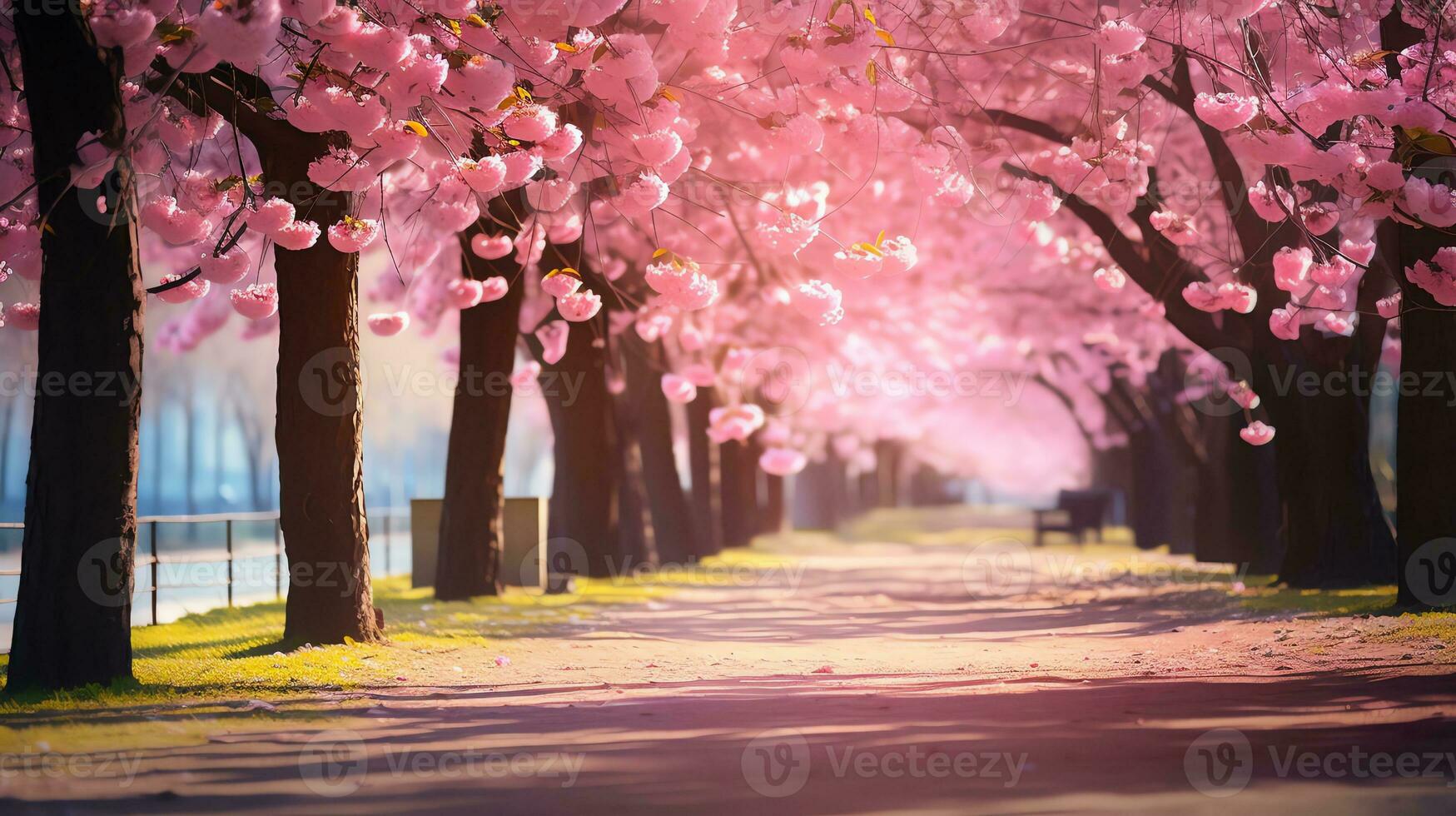 ai generiert Gasse mit Rosa Sakura Bäume, hell sonnig Tag. ai generiert Bild foto