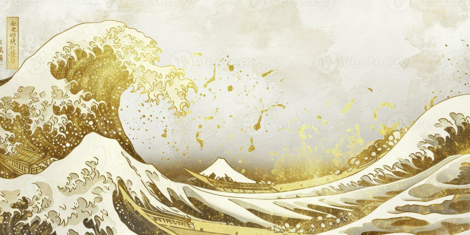 ai generiert japanisch inspiriert golden Blatt Rahmen mit Aquarell Wellen, Wolken, und traditionell Muster. exquisit Design zum ein luxuriös Papier Behandlung oder Banner mit ein berühren von Japan. foto