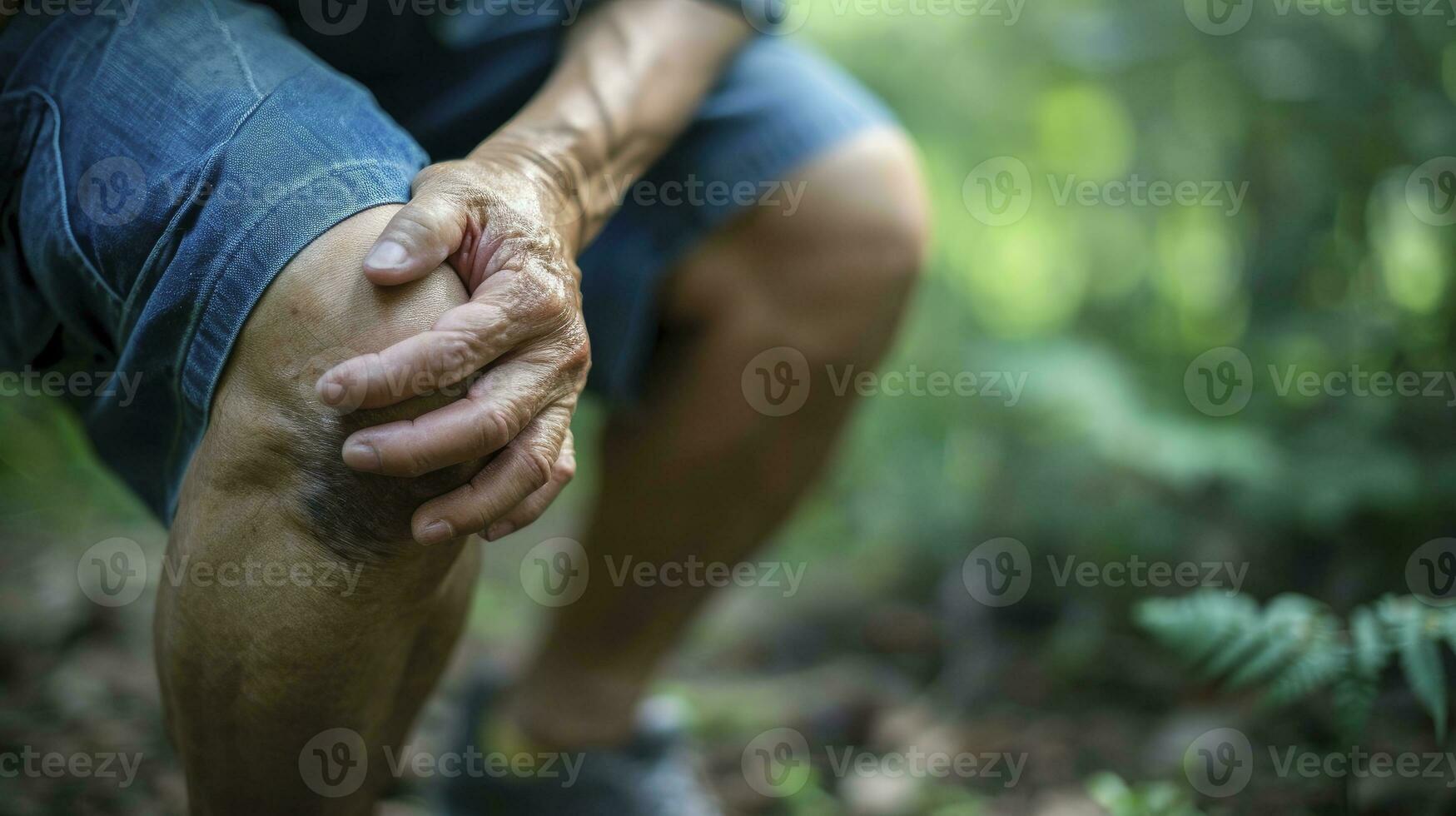 ai generiert alt Mann Hand halten seine Knie, Knie Schmerzen Konzept foto