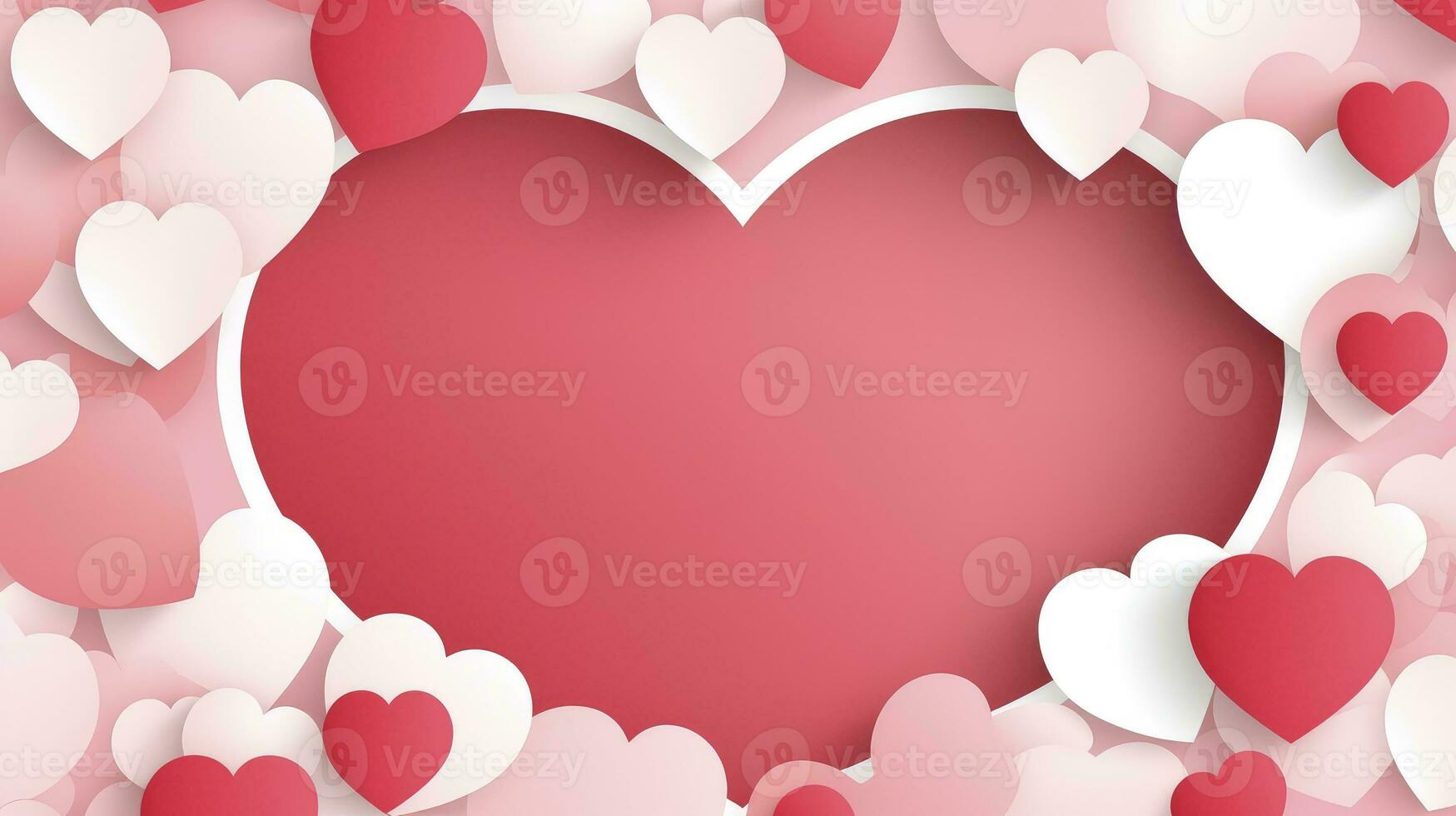 ai generiert Valentinsgrüße Tag Rahmen mit Herzen auf ein Rosa Hintergrund, und ein Papier Hintergrund foto