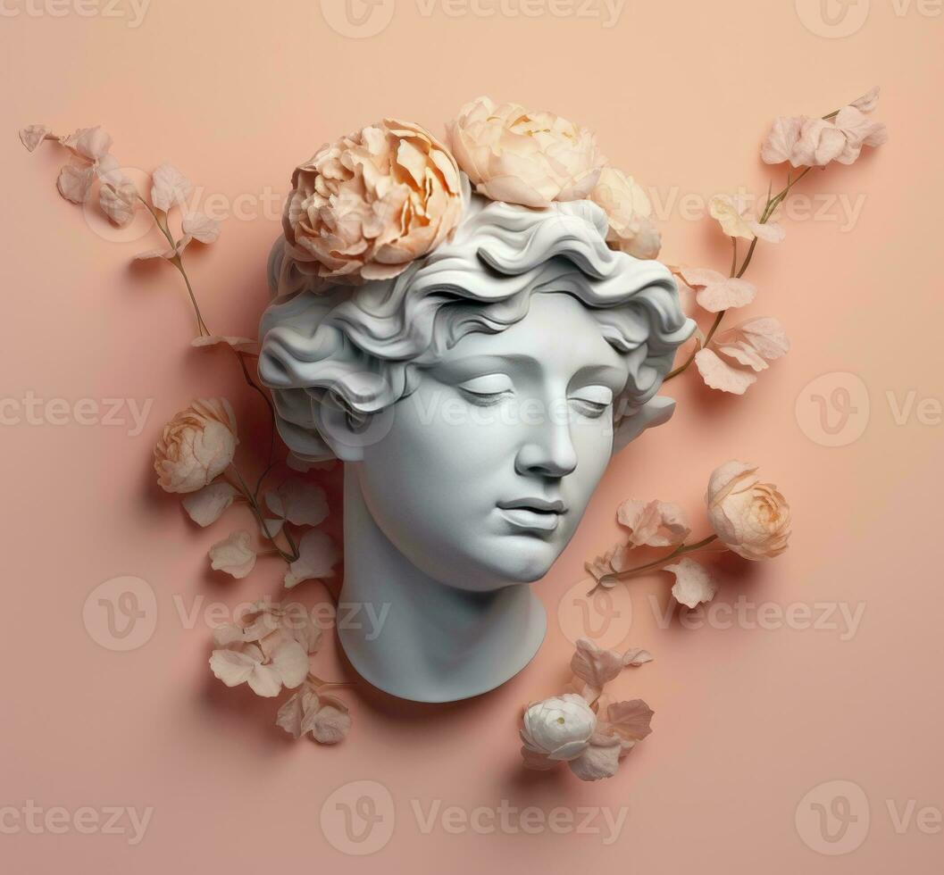 ai generiert Kunst Skulptur von ein Marmor Kopf ist gepaart mit Rosen, im das Stil von Digital Kunst, nostalgisch Illustration. foto