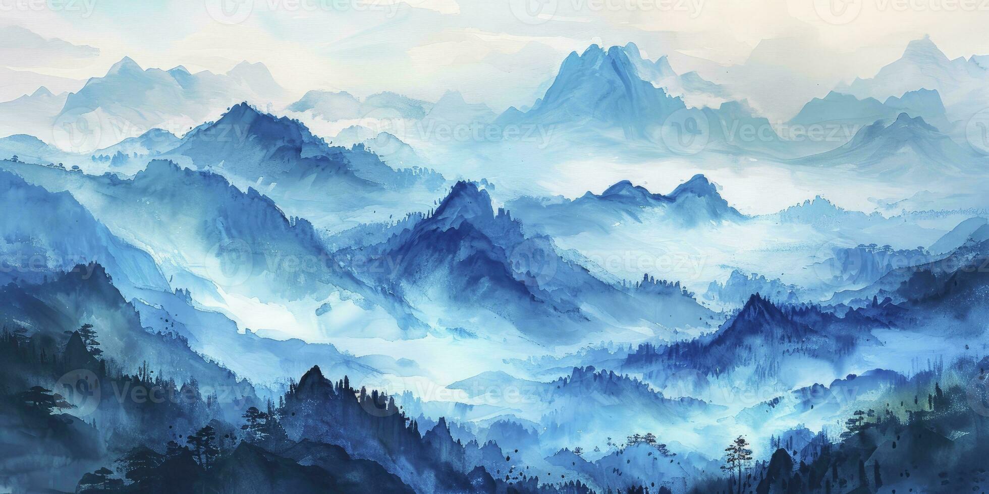 ai generiert Berg Landschaft, Aquarell. Chinesisch oder japanisch Blau Berge. Landschaft von nebelig Berge im das früh Morgen foto