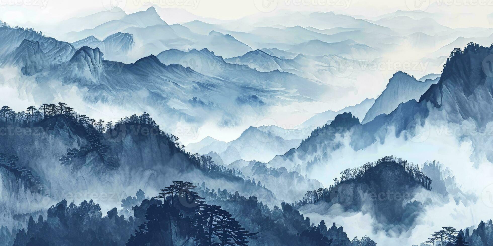 ai generiert Berg Landschaft, Aquarell. Chinesisch oder japanisch Blau Berge. Landschaft von nebelig Berge im das früh Morgen foto