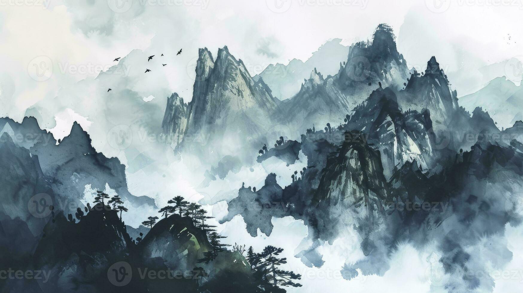 ai generiert ein Aquarell Landschaft von heiter Berge, inspiriert durch das Chinesisch Stil von klassisch traditionell Tinte malen. foto