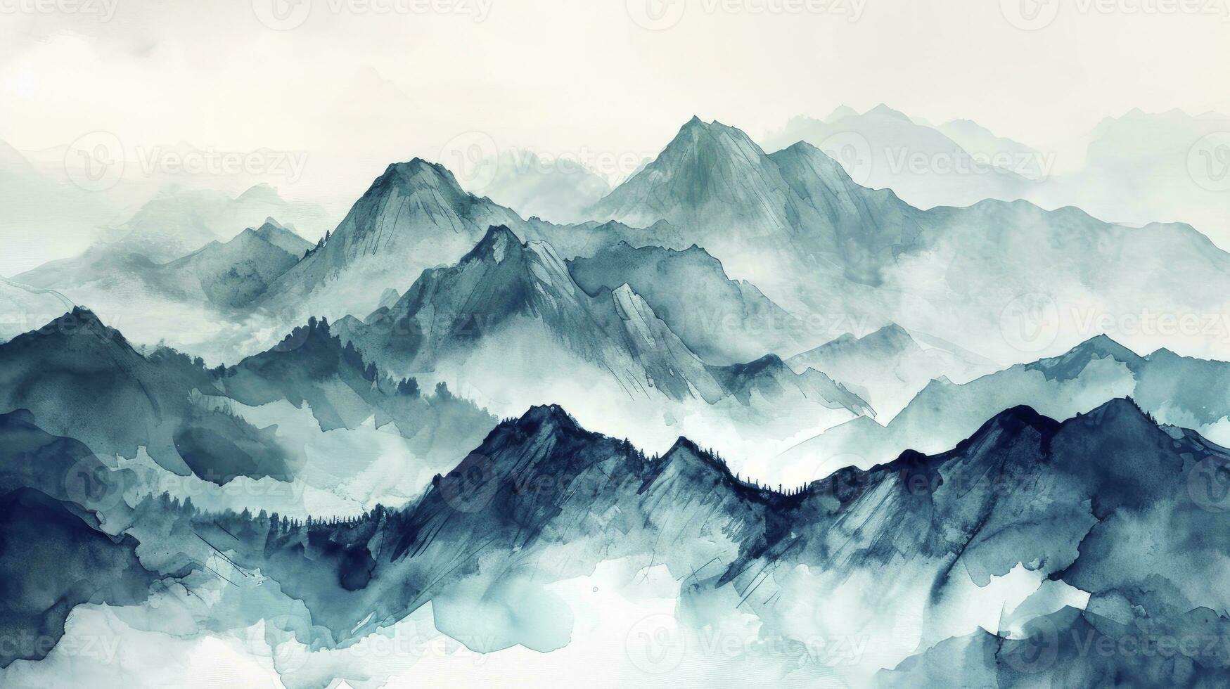 ai generiert ein Aquarell Landschaft von heiter Berge, inspiriert durch das Chinesisch Stil von klassisch traditionell Tinte malen. foto