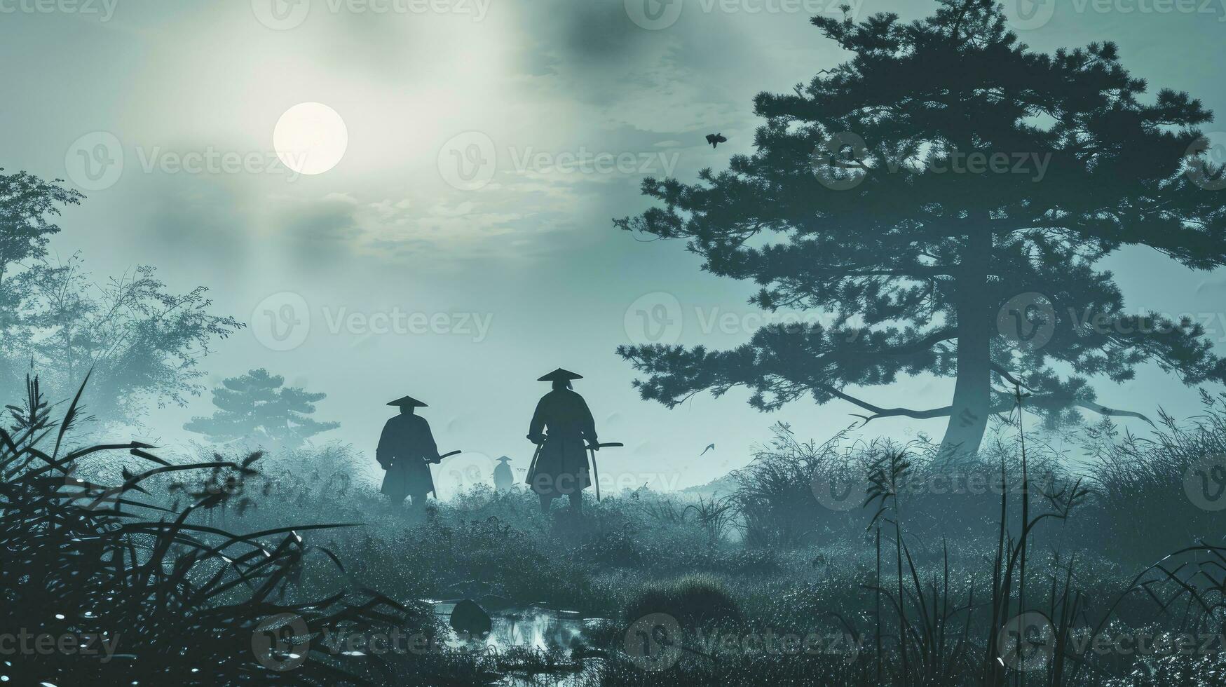 ai generiert atemberaubend Dämmerung Szene im Nebel mit silhouettiert Samurai auf das historisch Sekigahara Schlachtfeld, geliefert im modern Tinte waschen Stil und stumm geschaltet Töne. foto