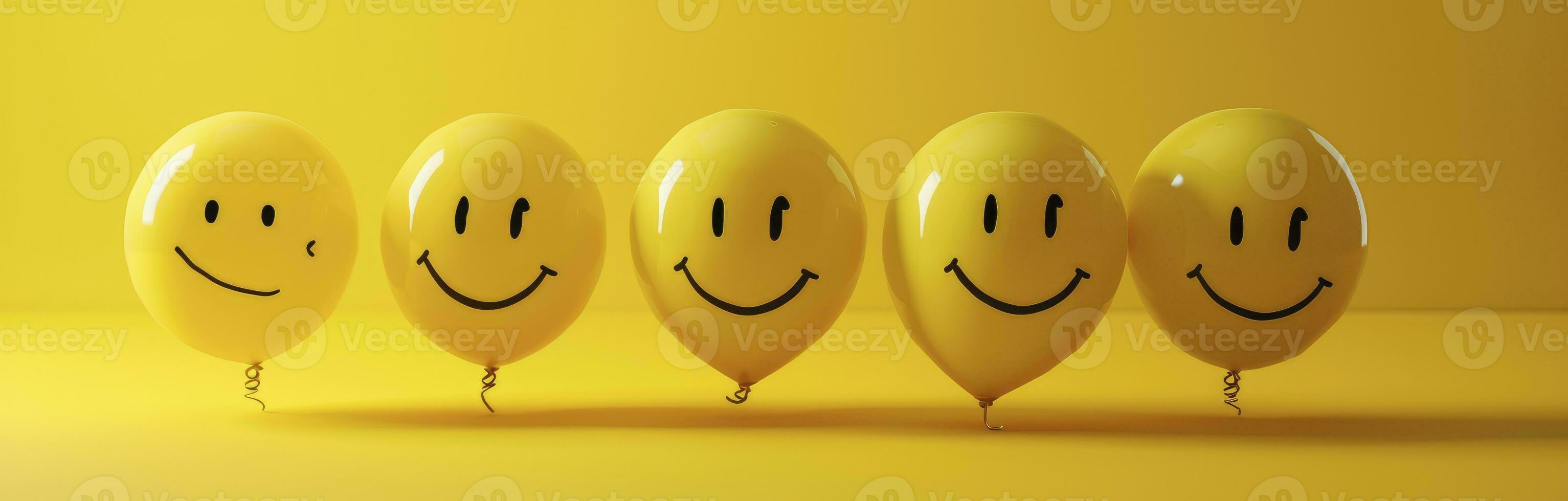 ai generiert Smiley Luftballons Sitzung auf ein Gelb Hintergrund. foto