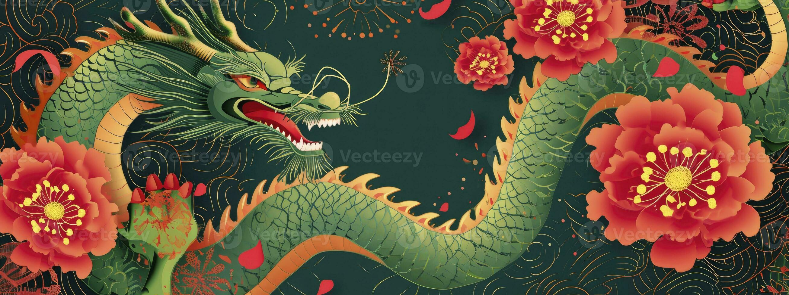 ai generiert Jahr von das Drachen. Chinesisch Neu Jahr. Glückwunsch Banner mit Grün Drachen, rot Blumen und Feuerwerk. foto