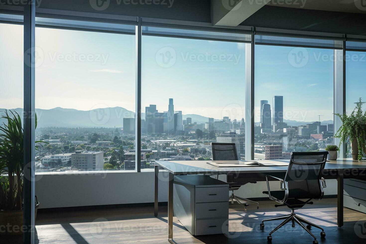 ai generiert schön Hintergrund von ein modern Büro Innere mit Panorama- Fenster foto