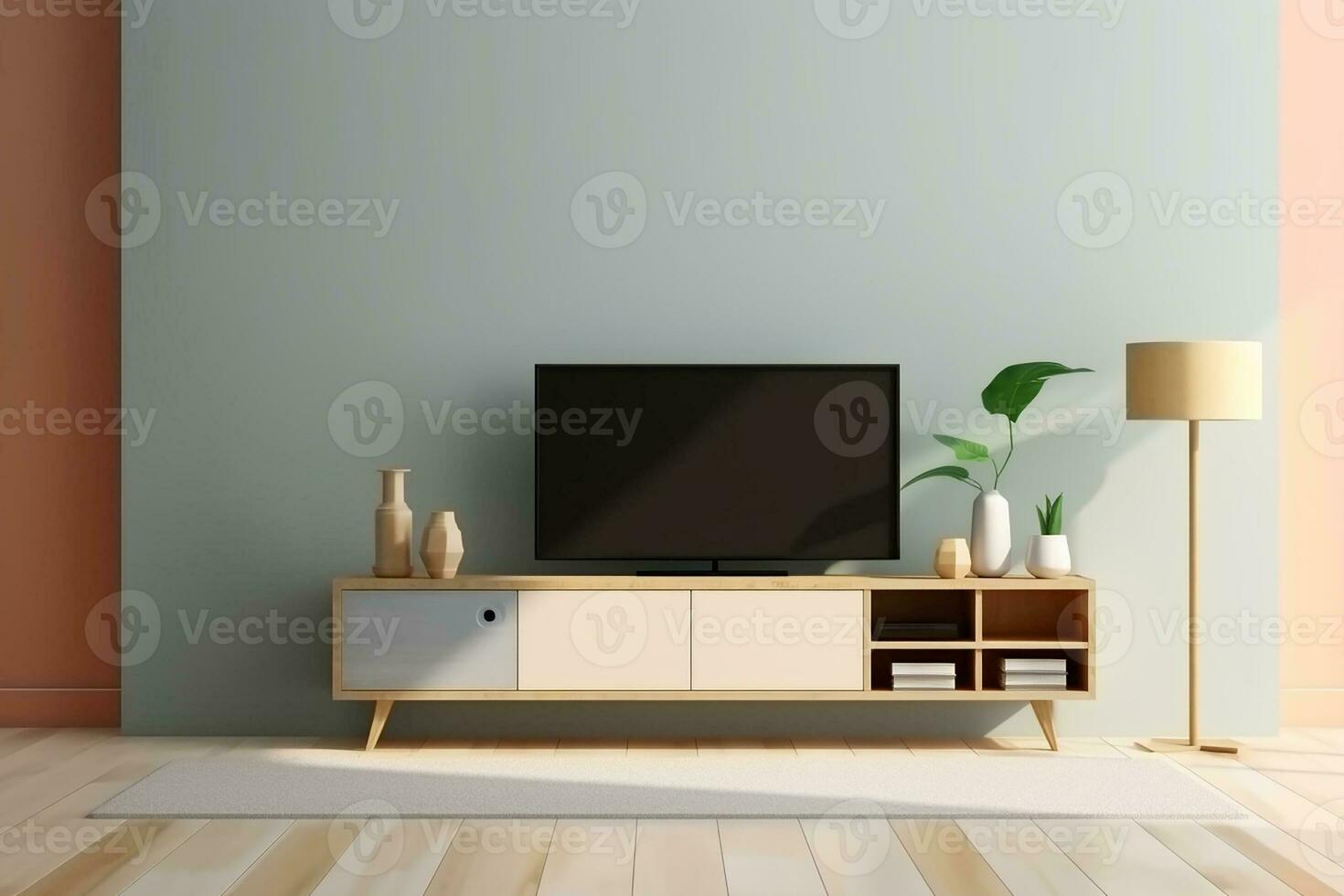 ai generiert 3d gerendert minimal Stil modern Fernseher LED auf das Kabinett im modern Leben Zimmer auf Pastell- Hintergrund foto