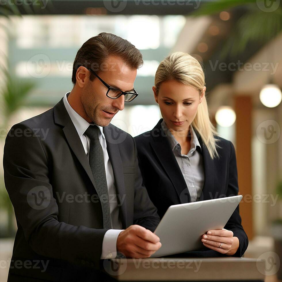 ai generiert Geschäft Mannschaft Arbeiten auf Neu Projekt und lächelnd. Mann und Frauen zusammen im modern Büro zum Projekt Diskussion. foto