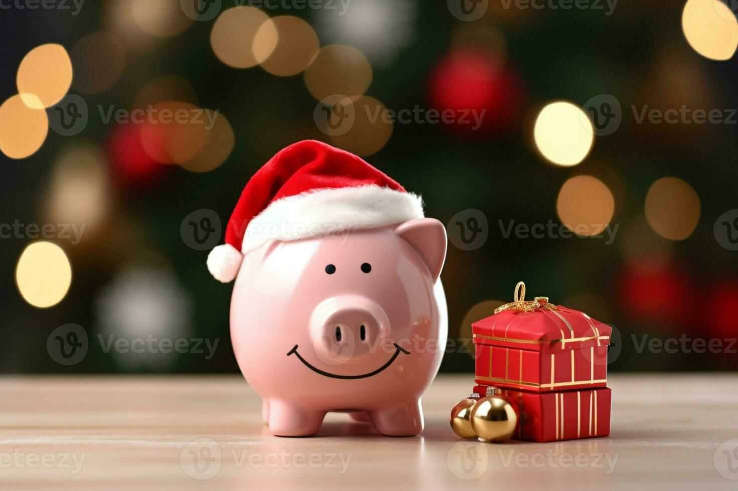 ai generiert Schweinchen Bank mit Santa Hut zum Weihnachten Ausgaben Budget und Geld Verwaltung foto