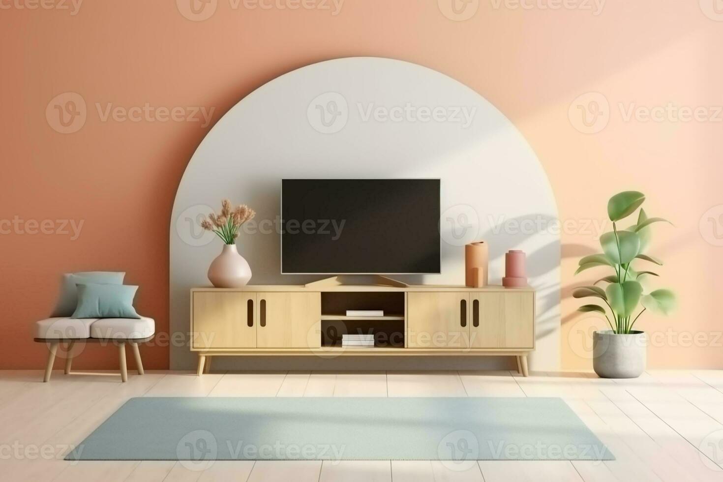 ai generiert 3d gerendert minimal Stil modern Fernseher LED auf das Kabinett im modern Leben Zimmer auf Pastell- Hintergrund foto