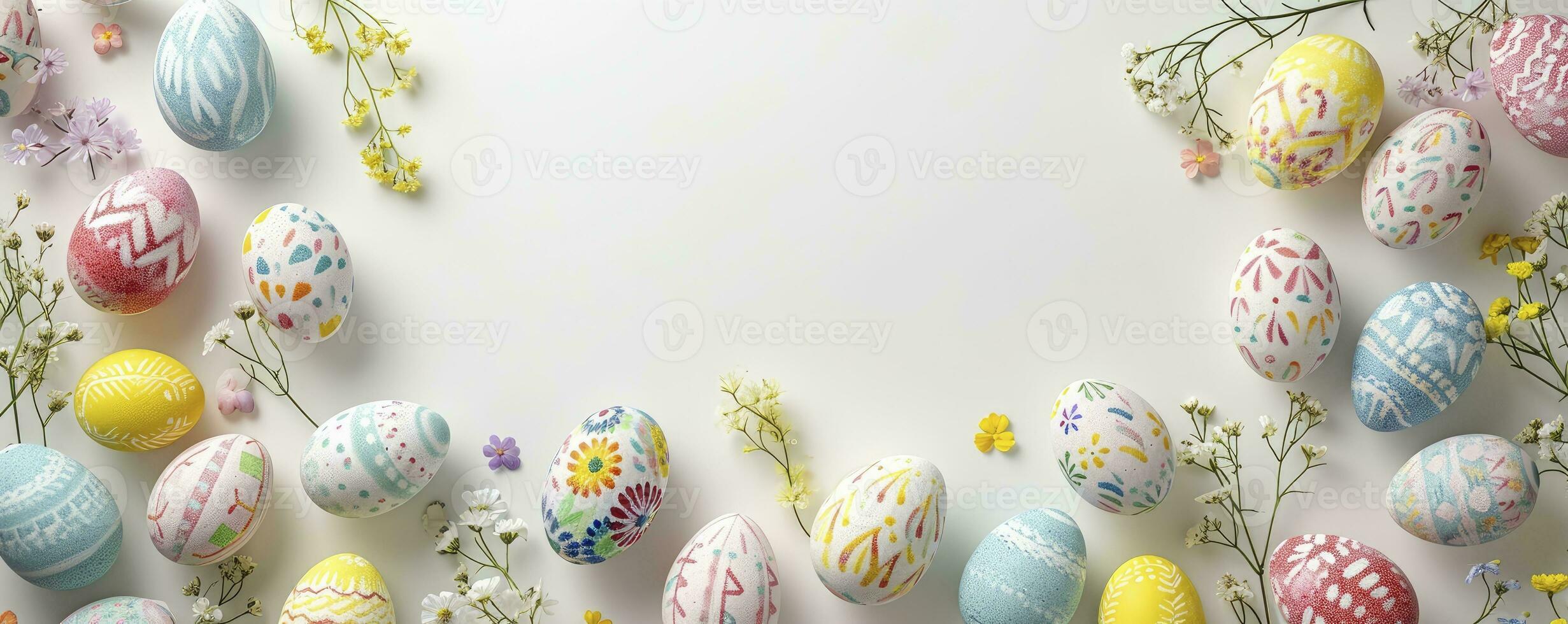 ai generiert Ostern Banner mit bunt Ostern Ei doppelt Seite Rand Über ein Weiß Hintergrund. oben Aussicht mit Kopieren Raum. foto