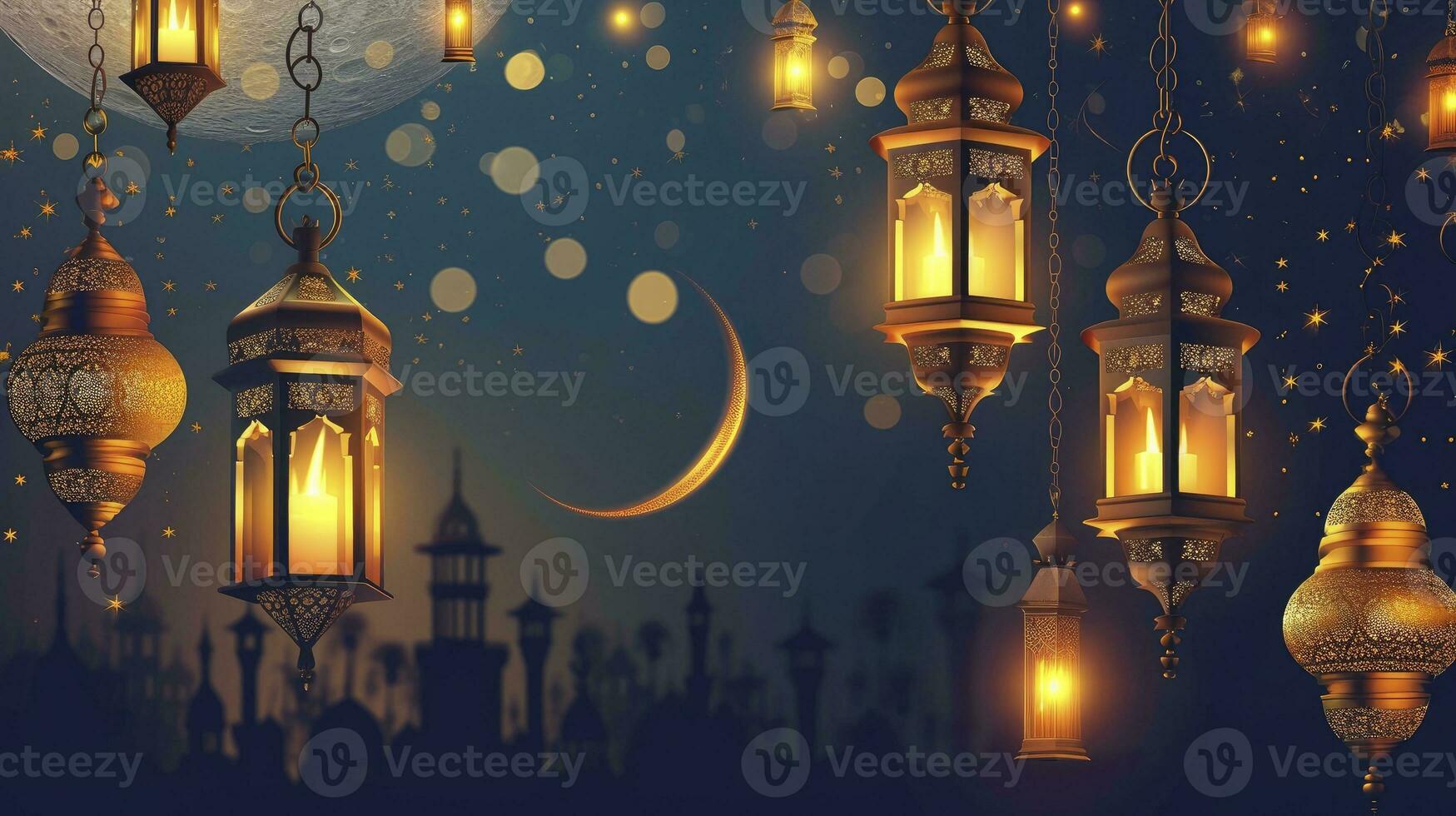 ai generiert Ramadan kareem Grenze, islamisch Kunst Stil Hintergrund. Symbole von Ramadan Mubarak, hängend Gold Laternen, Arabisch Lampen, Laternen Mond, Stern, Kunst und Illustration. foto