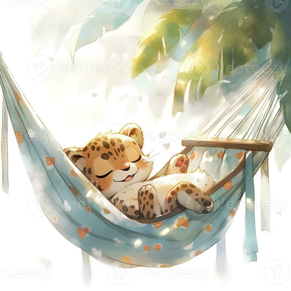 ai generiert ein schläfrig Baby Leopard im ein Hängematte. Aquarell Illustration. ai generiert foto