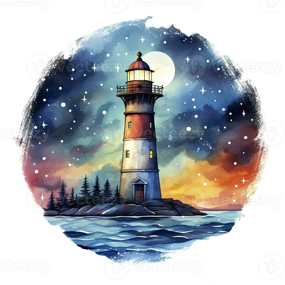 ai generiert Leuchtturm neben das Meer beim Nacht. Aquarell zum T-Shirt Design. ai generiert foto