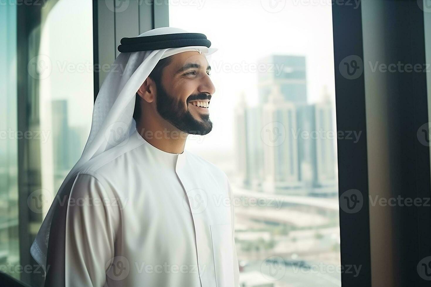 ai generiert erfolgreich Muslim Geschäftsmann im traditionell Weiß Kurta Stehen im seine modern Büro suchen aus von das Fenster foto