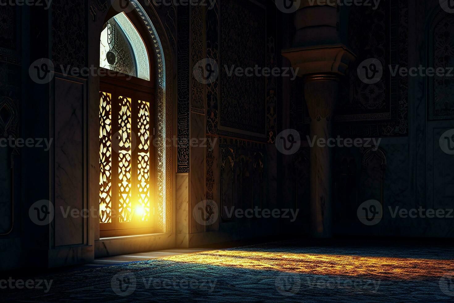 ai generiert islamisch Hintergrund Licht mit Moschee Fenster Ornament Szene foto