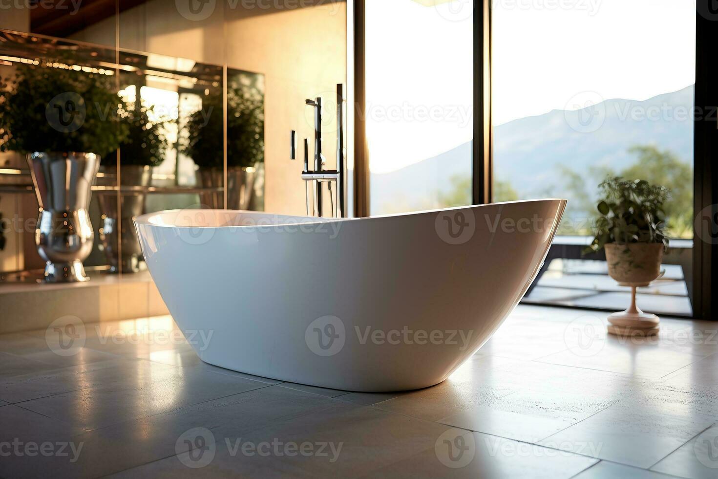 ein freistehend Badewanne mit sauber Linien und ein poliert Chrom Wasserhahn generativ ai foto