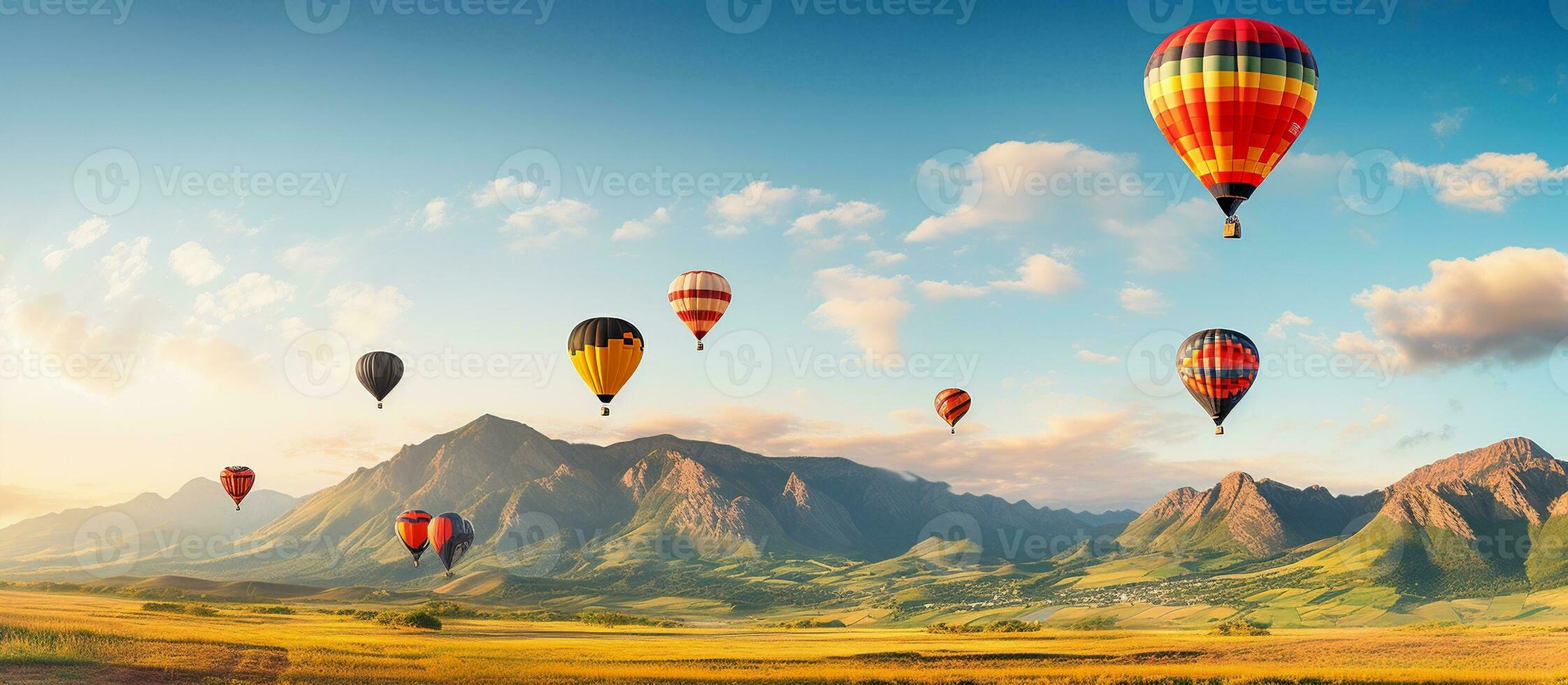 ai generiert bunt heiß Luft Luftballons fliegend Über Berg foto