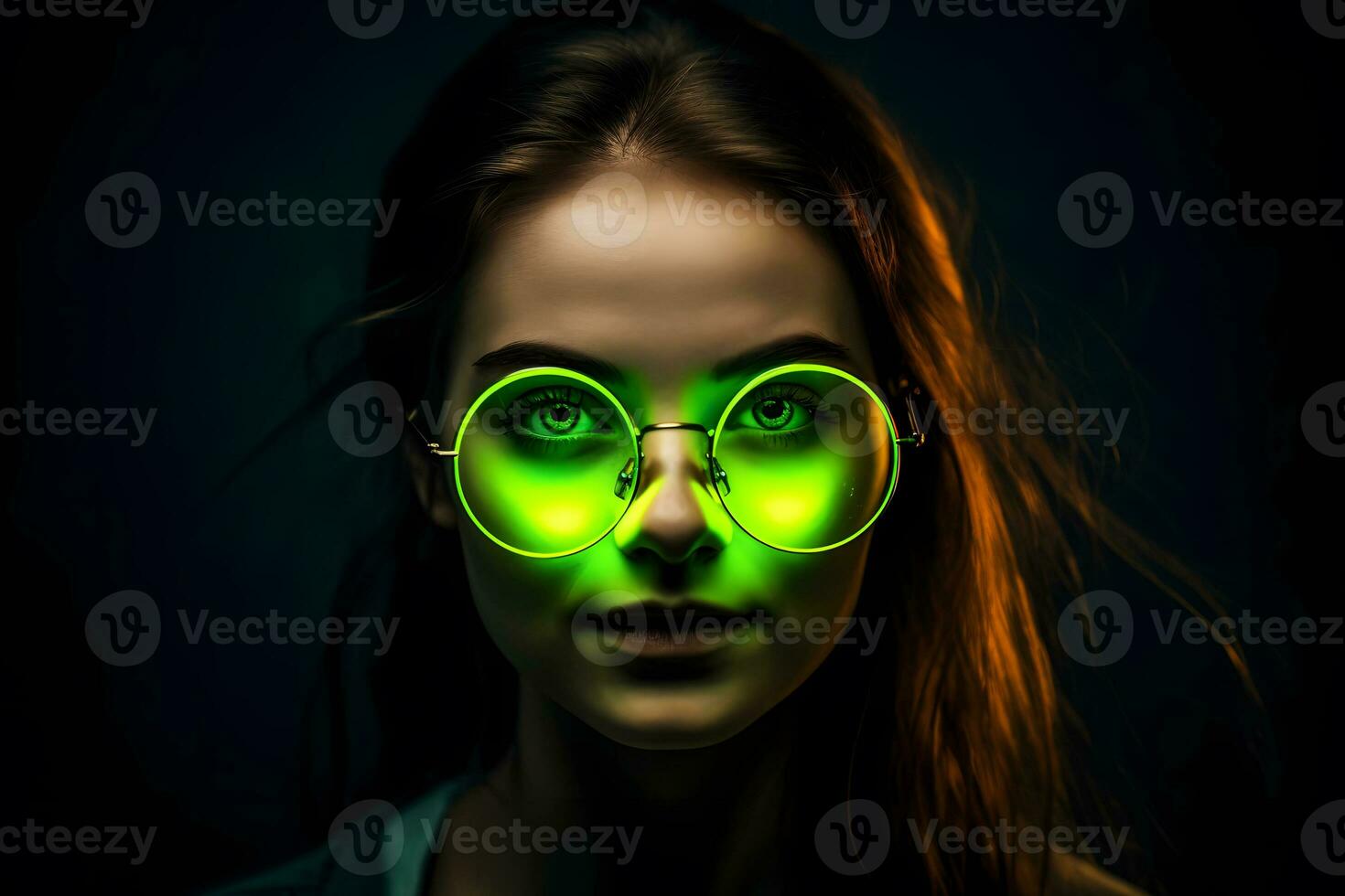 ai generiert Neon- Porträt von ein Mädchen mit Brille. neural Netzwerk ai generiert foto