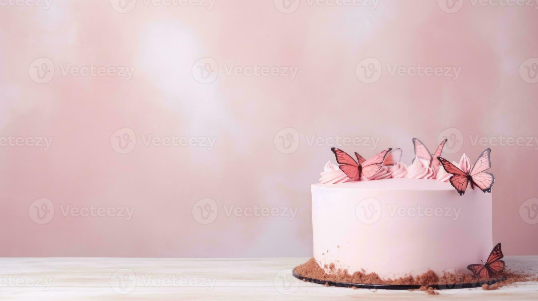 ai generiert mit Schmetterlingen geschmückt Kuchen auf ein romantisch Einstellung, geeignet zum Feierlichkeiten, gegen ein Rosa Hintergrund. Banner mit Kopieren Raum. foto