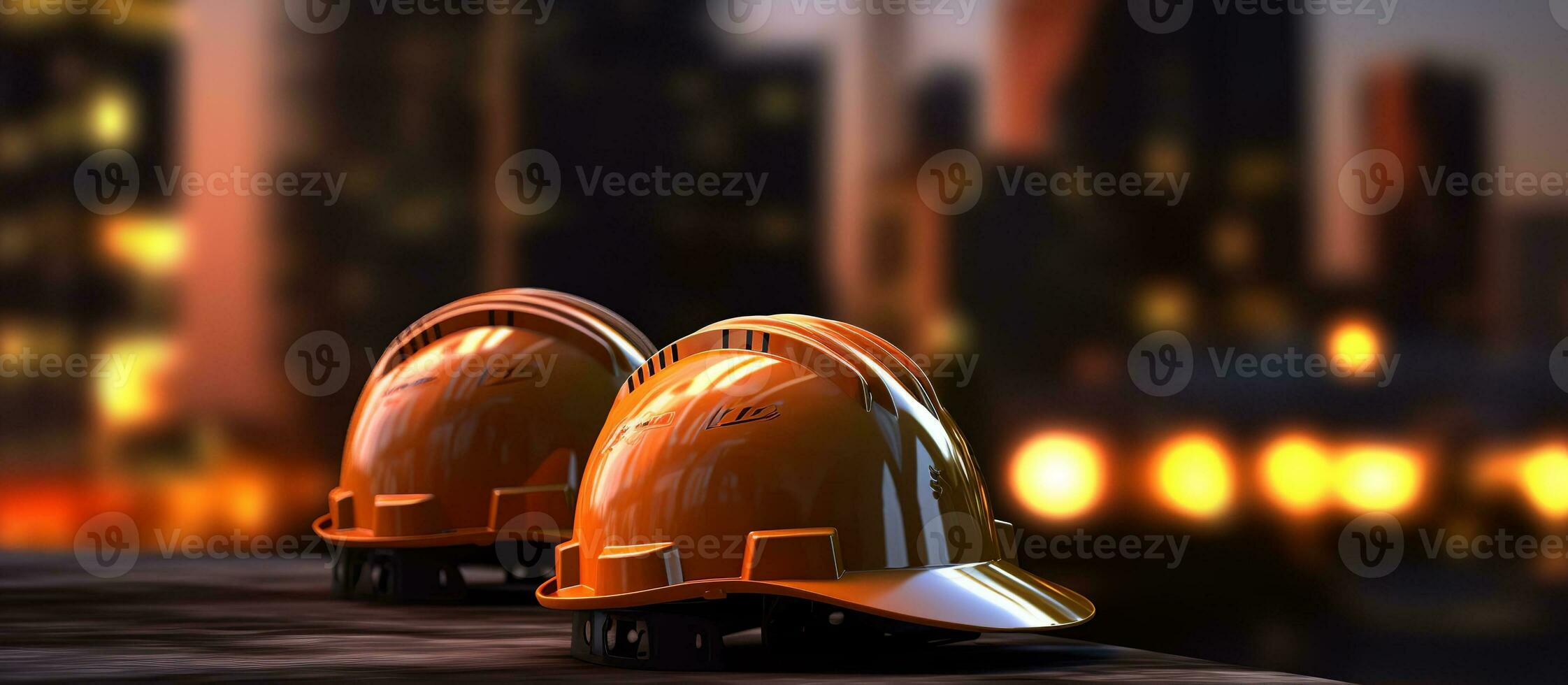 ai generiert Sicherheit Helme im Konstruktion mit verwischen Licht Stadt, Dorf Hintergrund foto