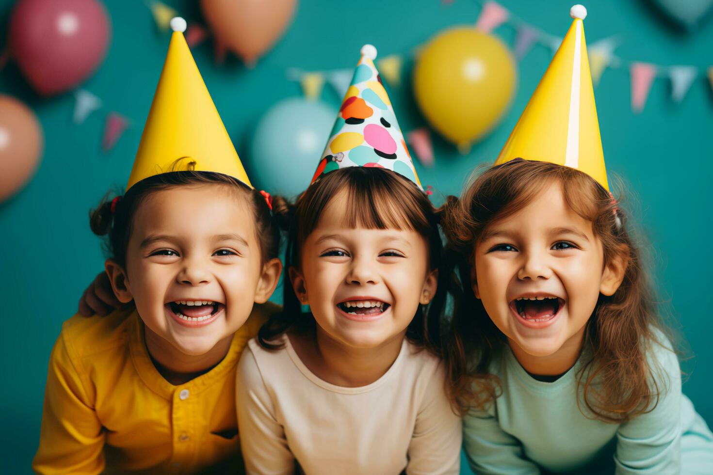 ai generiert Party Hut Parade Kinder Lachen und Freude im Geburtstag Glückseligkeit foto