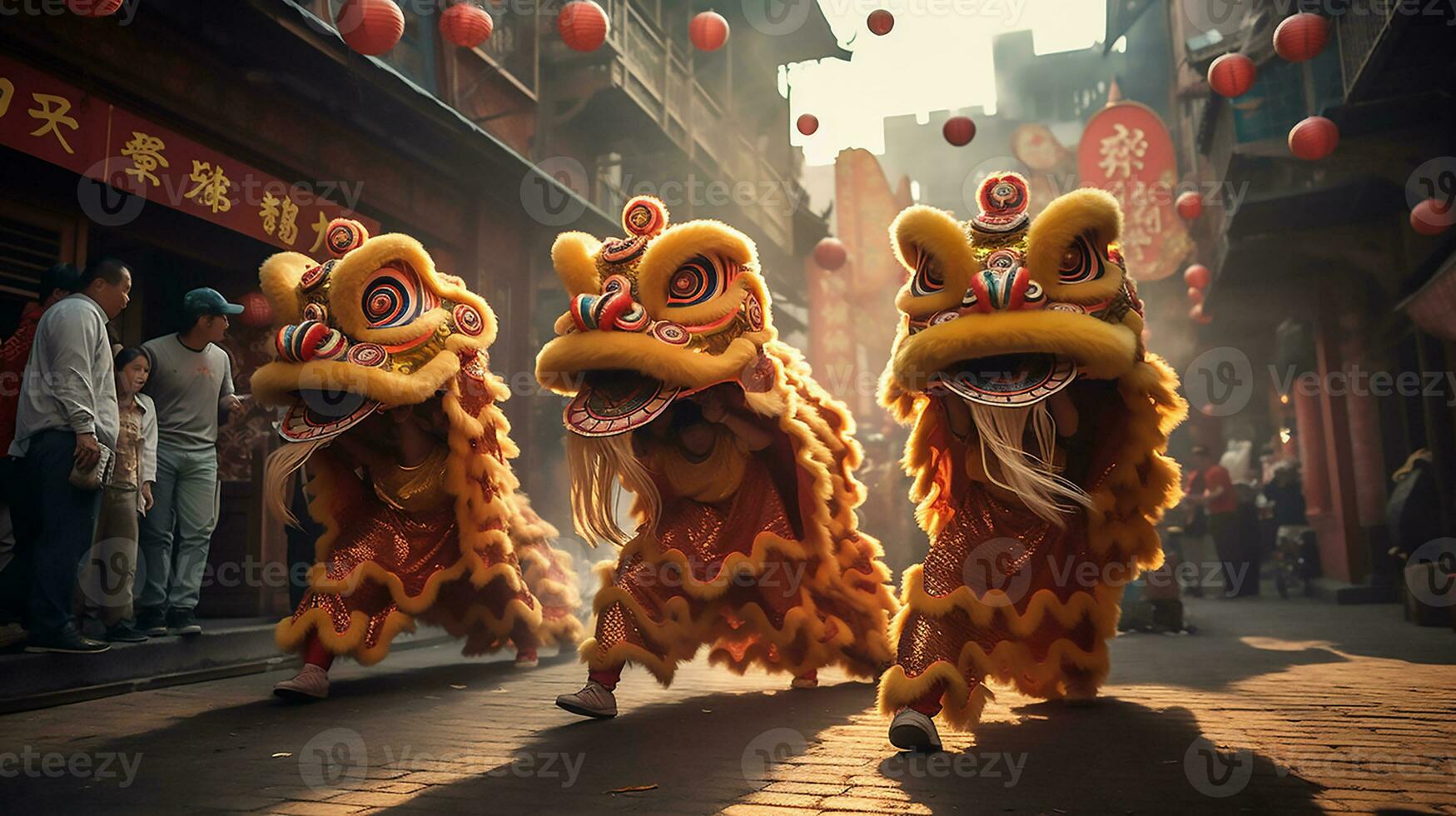 ai generiert ein Gruppe von Chinesisch Löwe Tänzer ausführen im ein Straße. dongzhi Festival. generativ ai foto