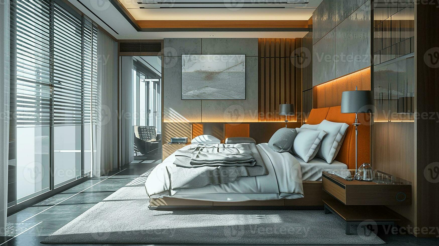 ai generiert Schlafzimmer Innere Design minimal ästhetisch 3d gerendert foto