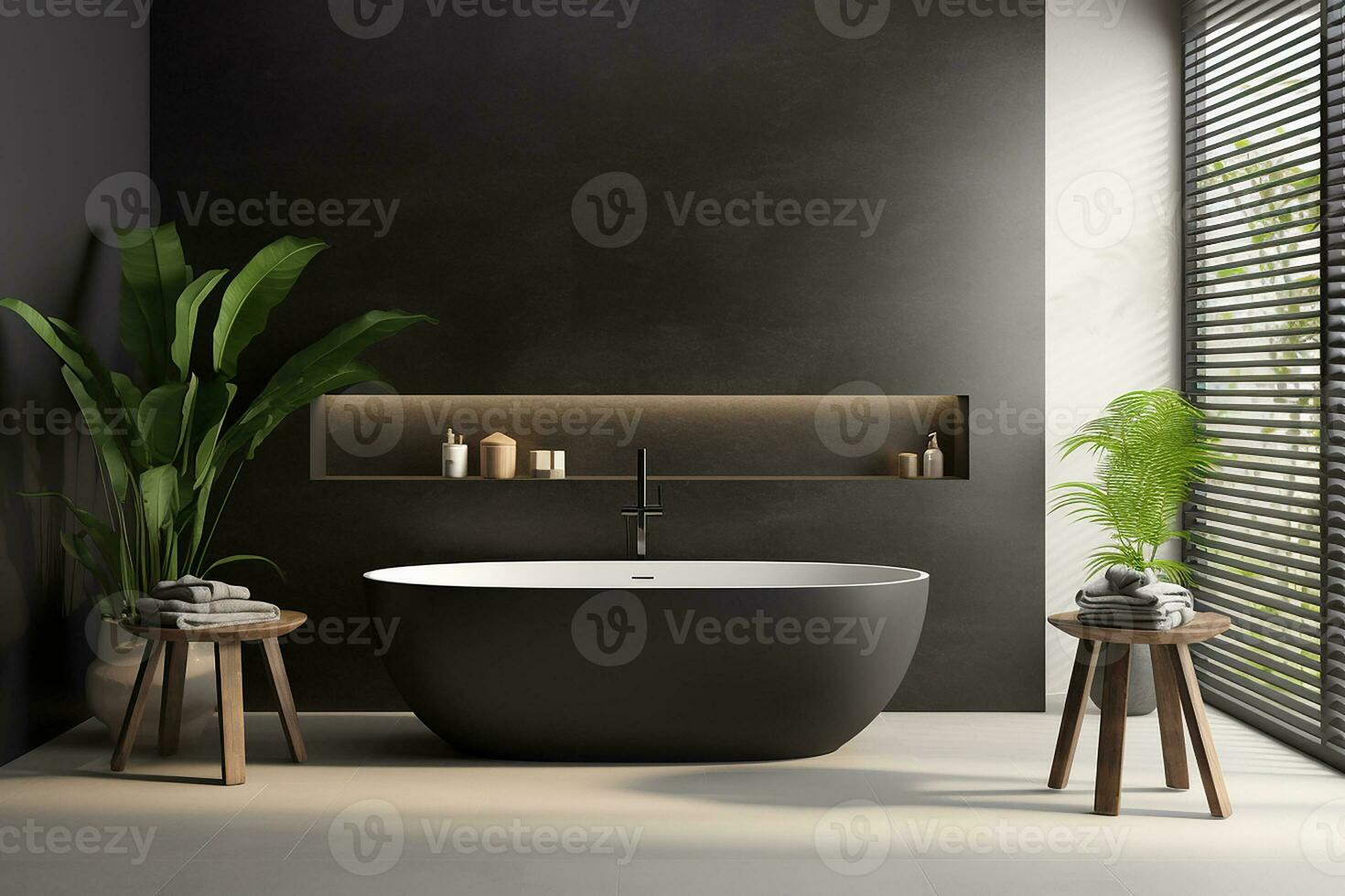 ai generiert 3d gerendert minimal Stil schwarz Thema modern Badezimmer Innere Design mit Badewanne foto