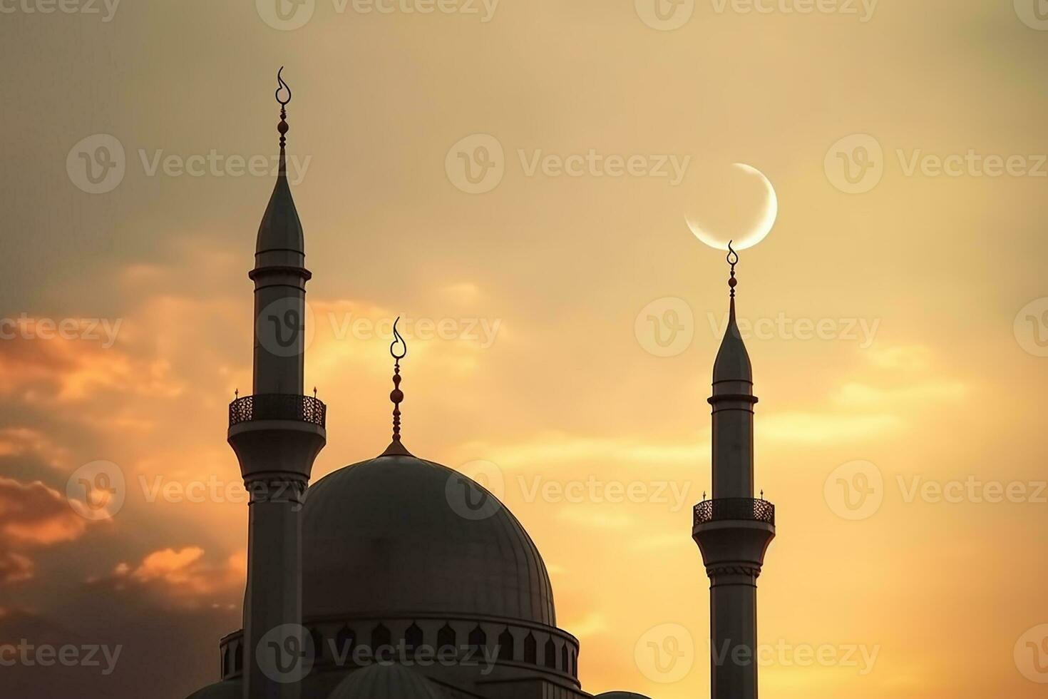 ai generiert Ramadan karem. hoch Minarette, Moschee Kuppel und Halbmond und leuchtenden Star im das Himmel. religiös Hintergrund. foto