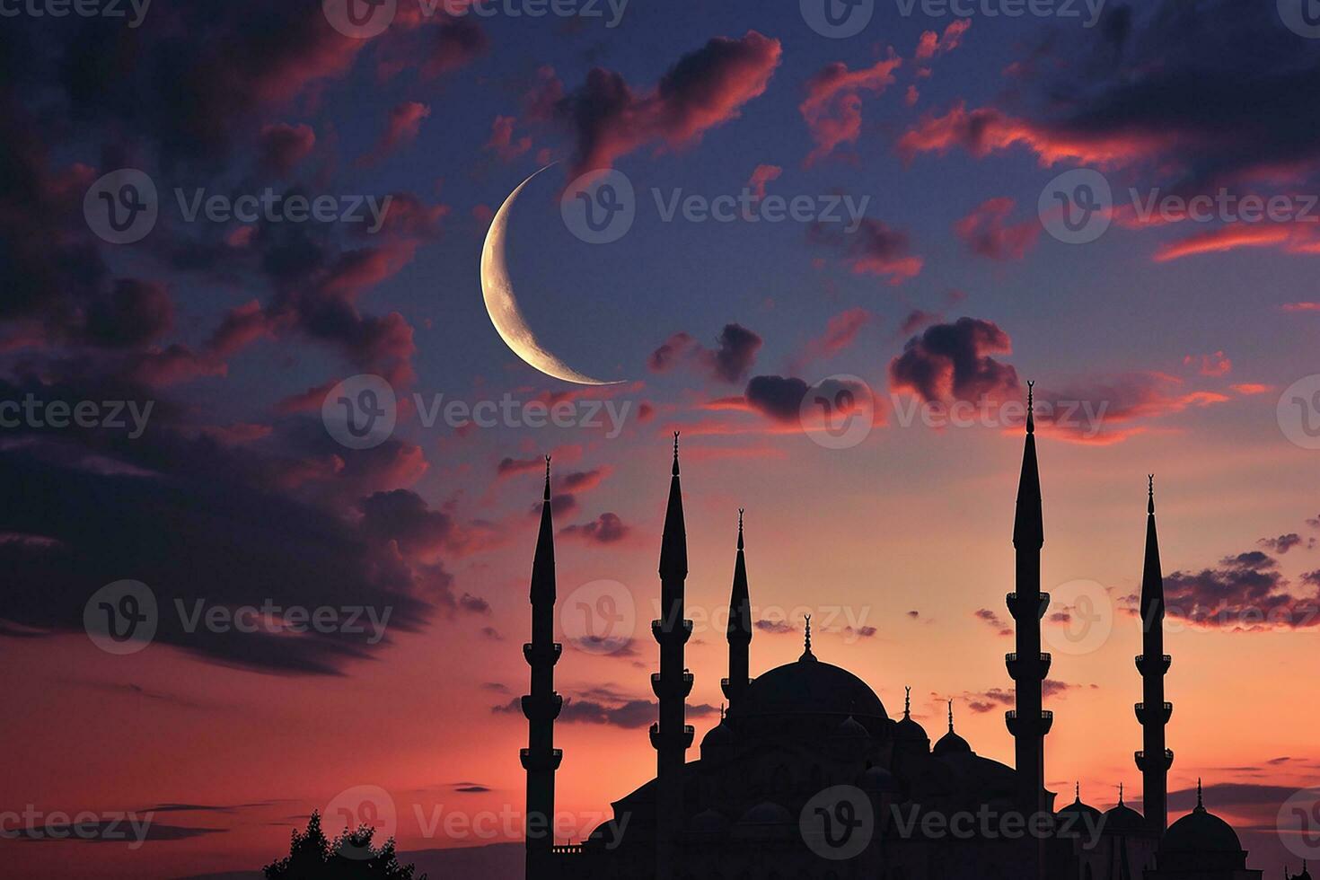 ai generiert islamisch Hintergrund von Silhouette islamisch Moschee beim Nacht mit Mond auf Blau Himmel foto