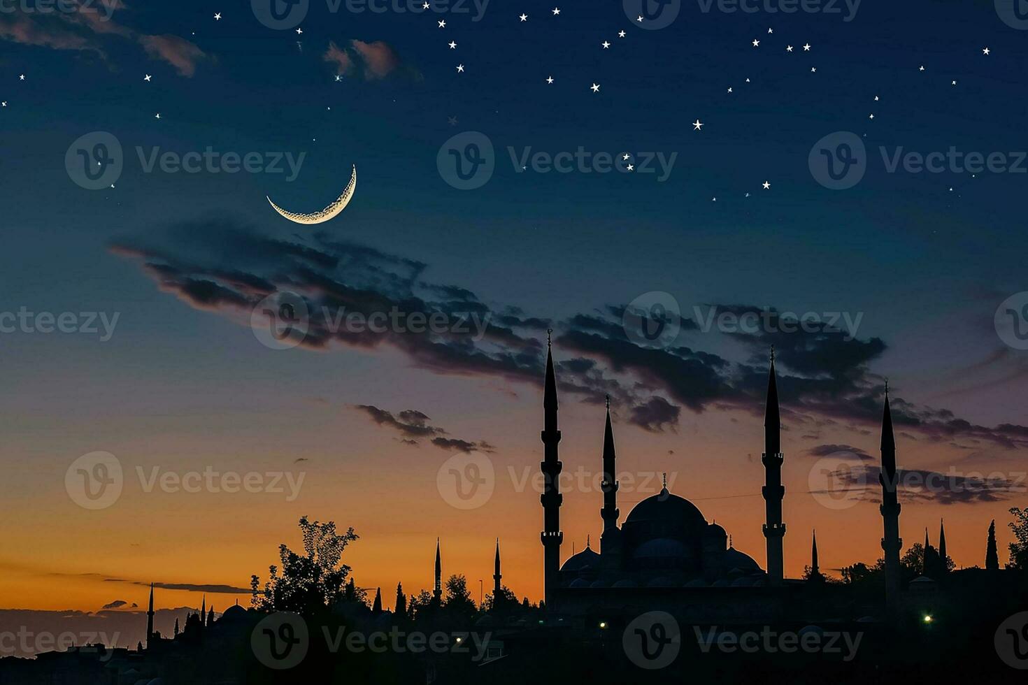 ai generiert islamisch Hintergrund von Silhouette islamisch Moschee beim Nacht mit Mond auf Blau Himmel foto