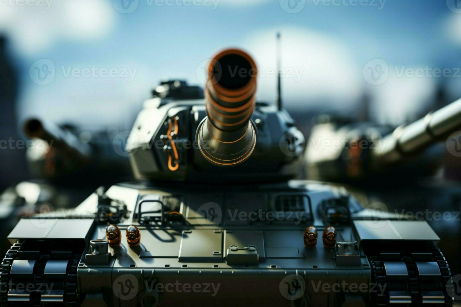 ai generiert Militär- Präzision Panzer Waffen im schließen hoch, Hintergrund kreativ verschwommen foto