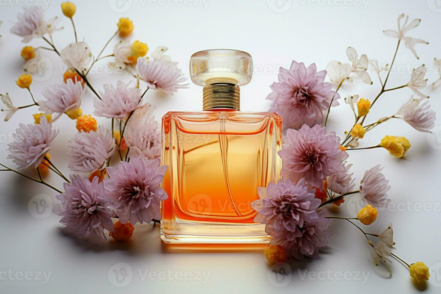 ai generiert visuell Freude Parfüm Flaschen und Blumen bestechen auf ein Weiß Hintergrund foto