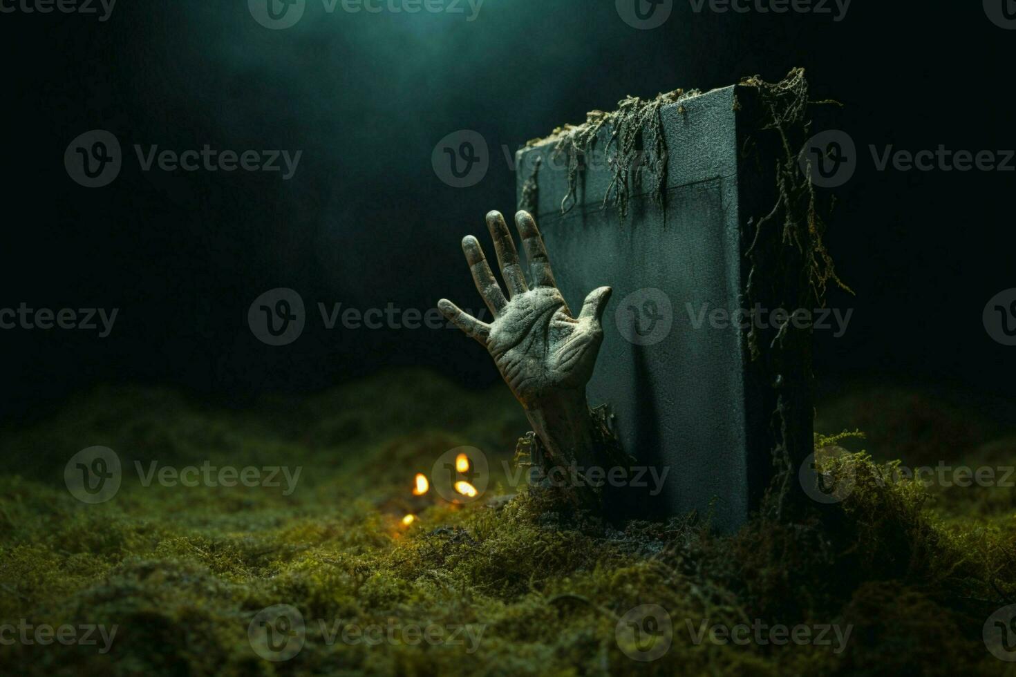 ai generiert makaber berühren ein Zombie Hand taucht auf von das Spuk Grab foto