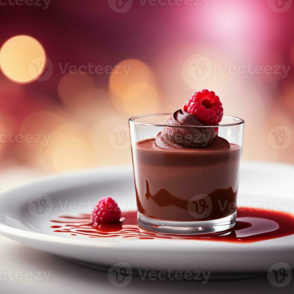 ai generiert Dessert Schokolade Mousse Luft mit Himbeere Coulis. ai generativ foto