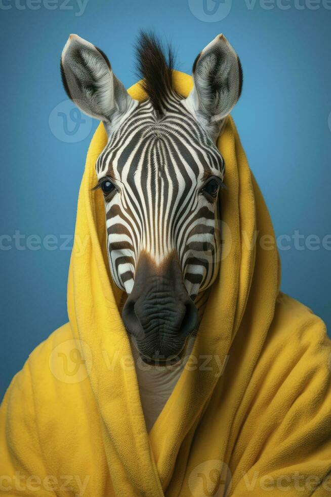 ai generiert Porträt von ein Zebra tragen Bademantel mit Pastell- Blau Hintergrund foto