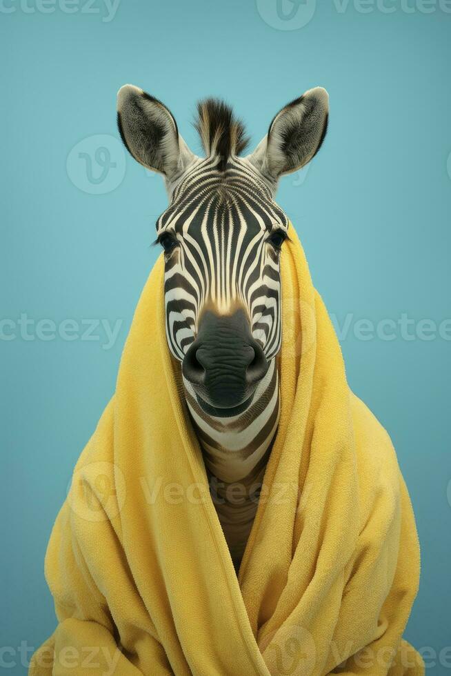 ai generiert Porträt von ein Zebra tragen Bademantel mit Pastell- Blau Hintergrund foto