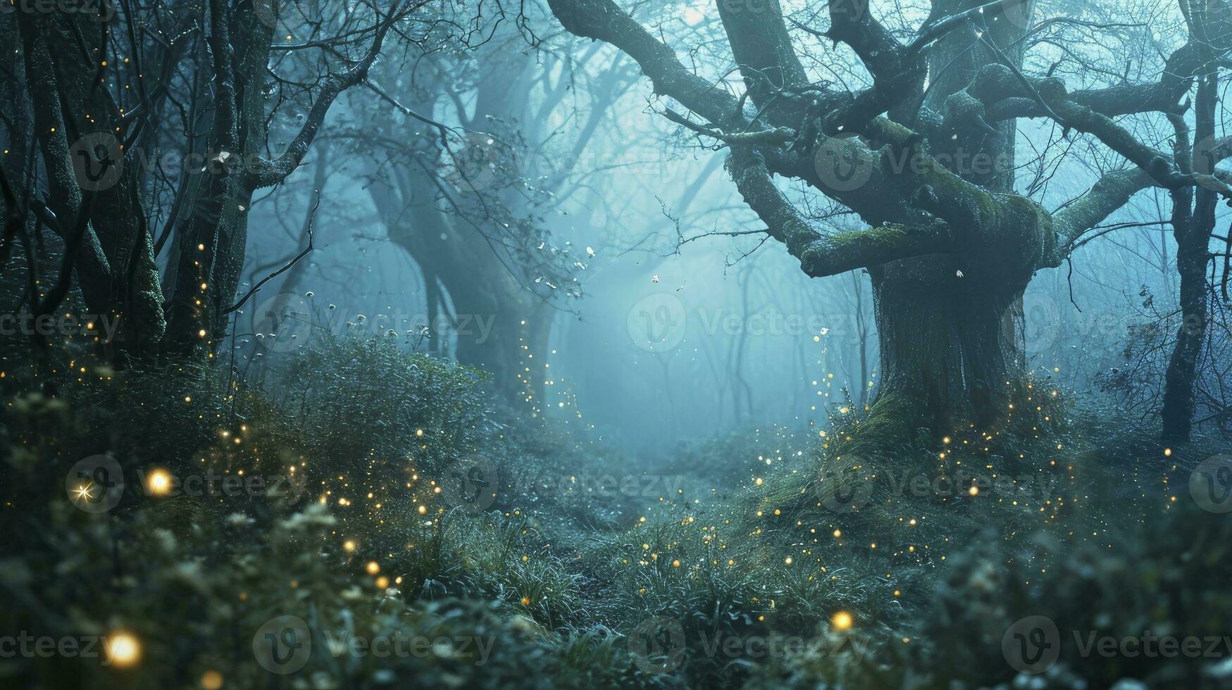 ai generiert magisch Fantasie Fee Geschichte Landschaft, Nacht im ein Wald. foto