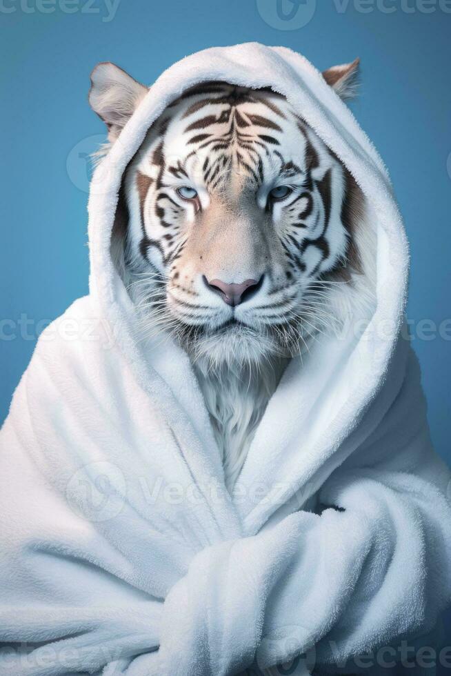 ai generiert Tiger mit Weiß Bademantel Pastell- Blau Hintergrund. foto