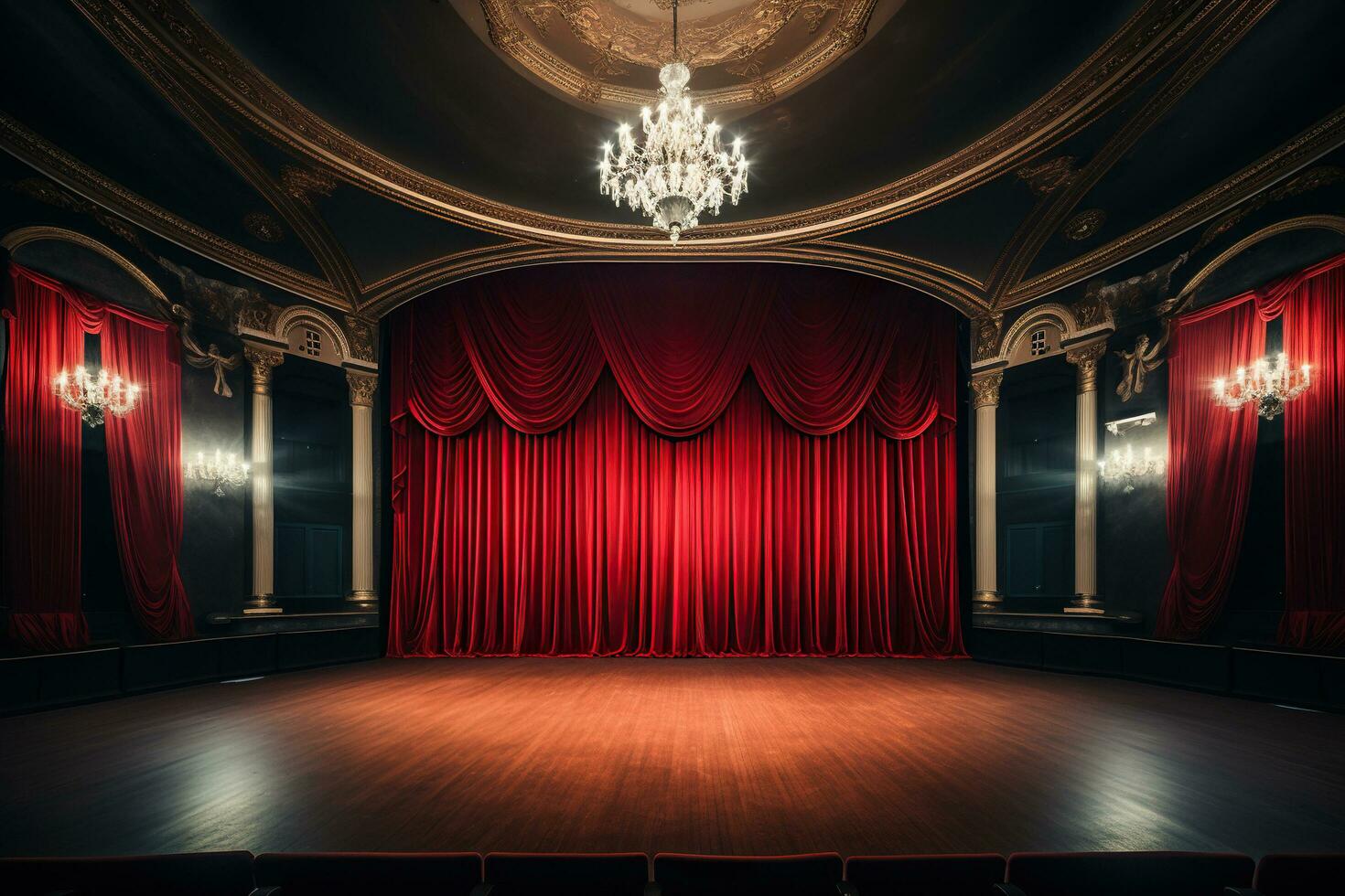 ai generiert leeren Bühne mit rot Theater Vorhang. Konzept zum Leistung, zeigen, Konzert, Theater. generativ ai foto