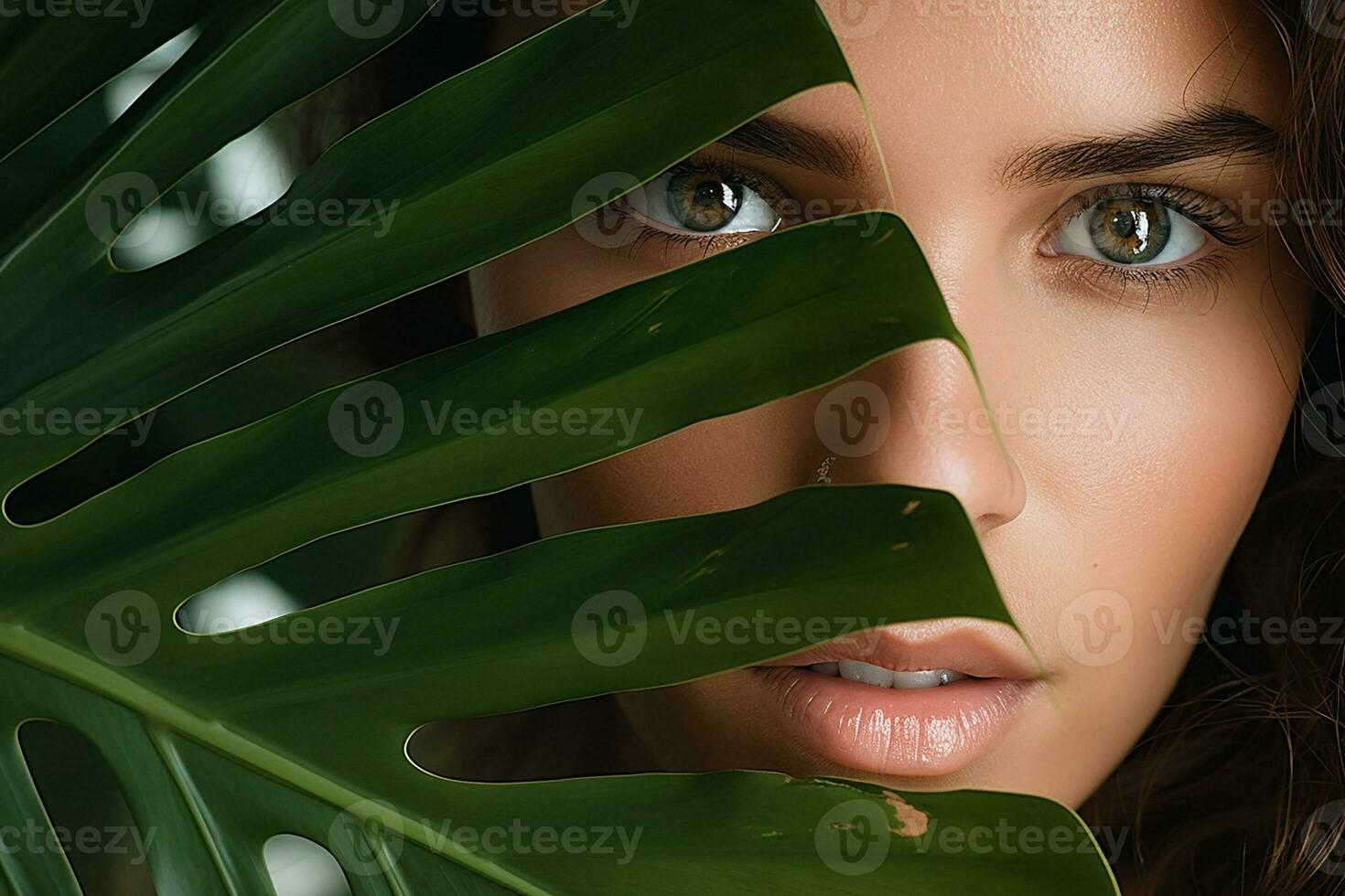 ai generiert Nahansicht Schuss von ein schön jung Frau Gesicht bedeckt mit Blätter generativ ai foto