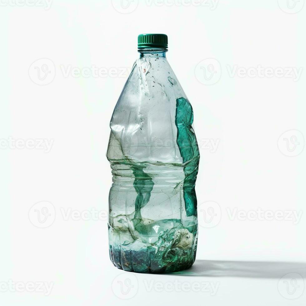 ai generiert leeren benutzt Müll Plastik Flasche auf Weiß Hintergrund. recyceln, Müll, Müll foto