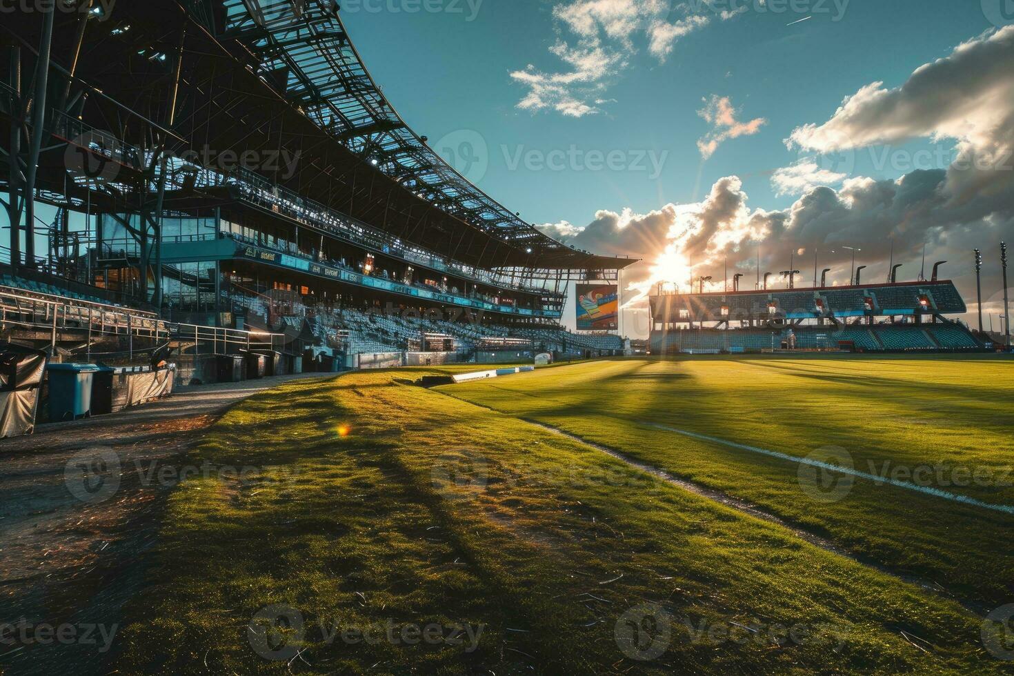 ai generiert üppig Grün Rasen beim Fußball Fußball Sport Stadion Fachmann Fotografie foto