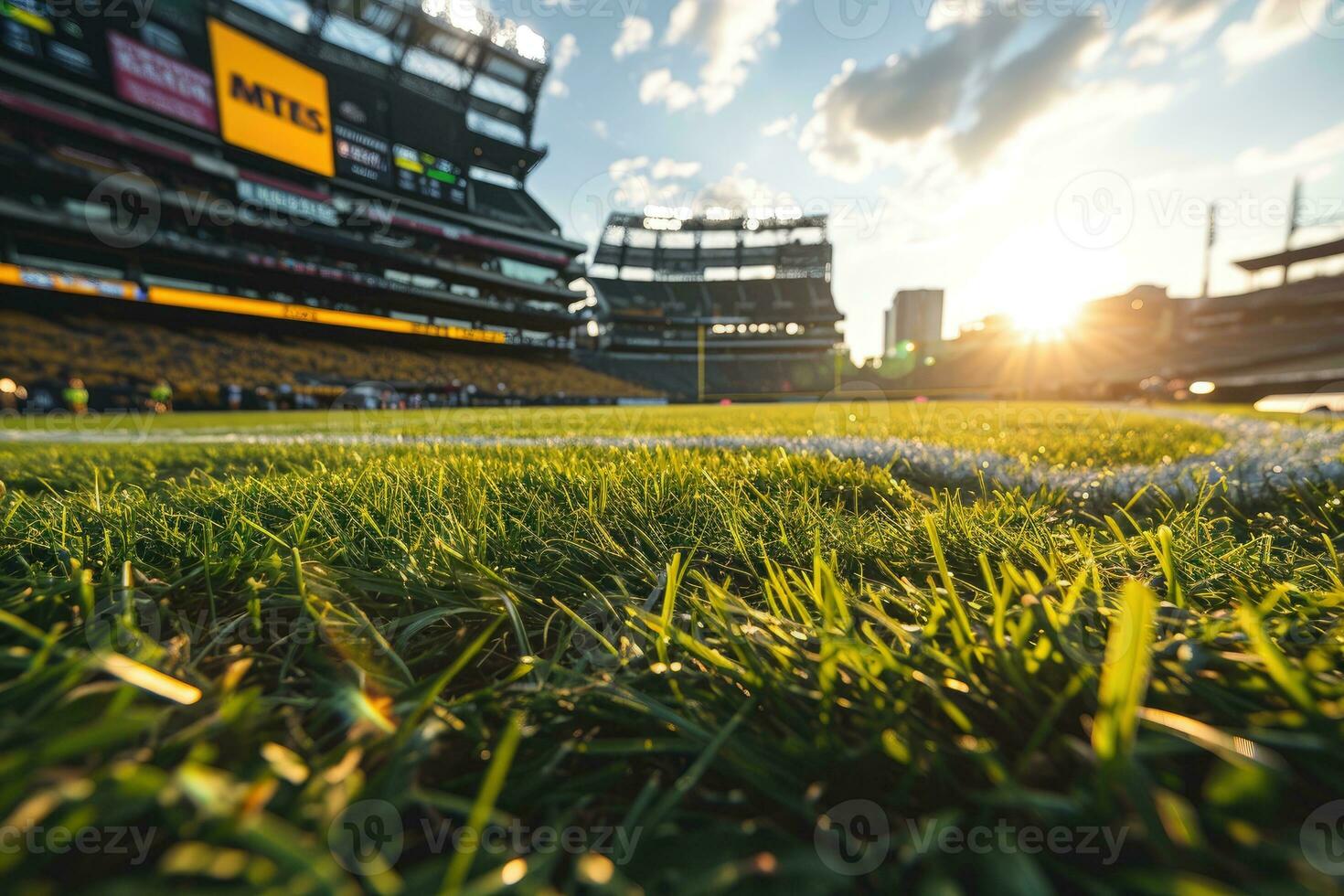 ai generiert üppig Grün Rasen beim Fußball Fußball Sport Stadion Fachmann Fotografie foto