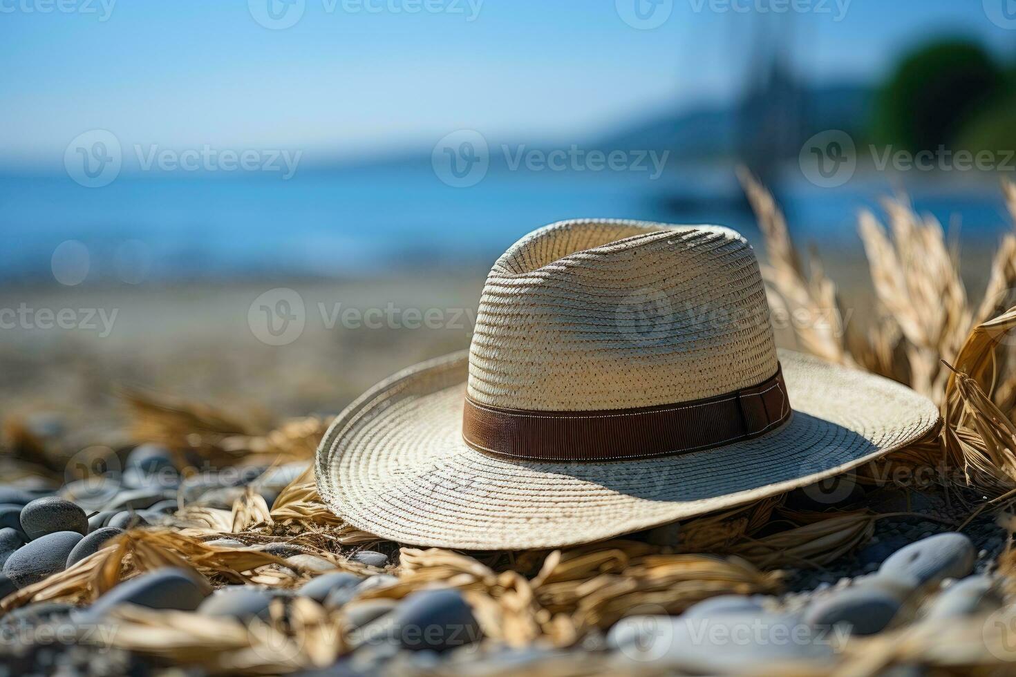 ai generiert Stroh Hut auf das Sand Strand Fachmann Fotografie foto