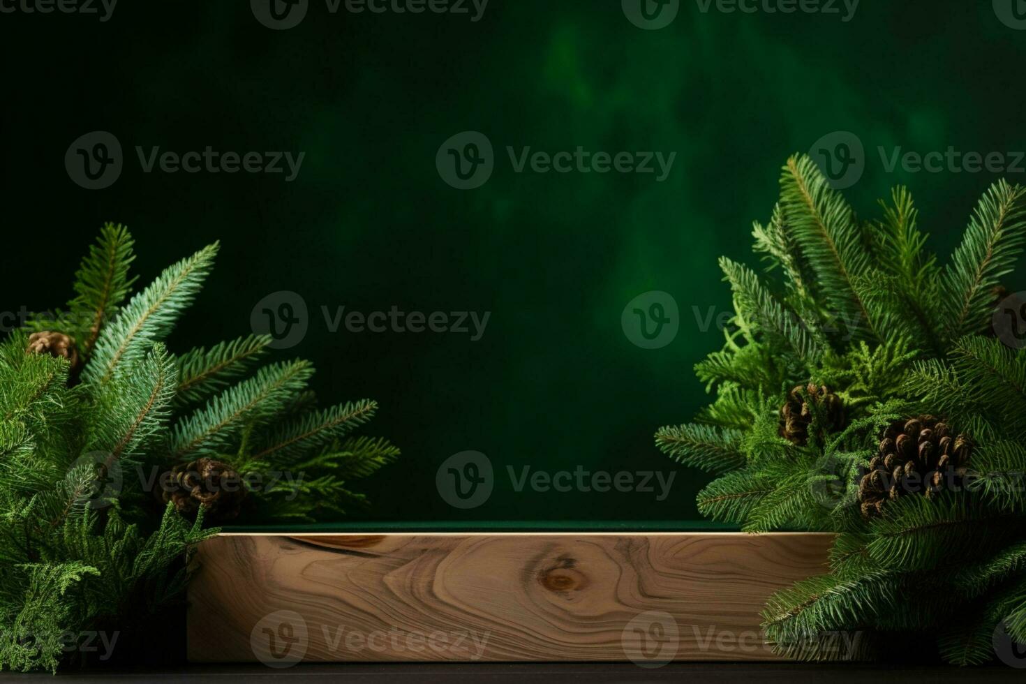 ai generiert Weihnachten elegant und natürlich Podium mit Baum Bühne Anzeige Attrappe, Lehrmodell, Simulation mit Lichtzweige von Fichte Kiefer foto